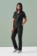 Women's Riley Straight Leg Scrub Pant in black with adjustable navy waistband, soft cotton-rich fabric, size XXS.