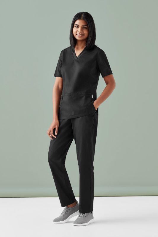 Women's Riley straight leg scrub pants in black with navy waistband, offering comfort, breathability, and a flattering fit for healthcare.