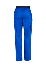 Electric Blue straight leg scrub pants for women with a navy knit waistband, designed for comfort and style in healthcare settings.