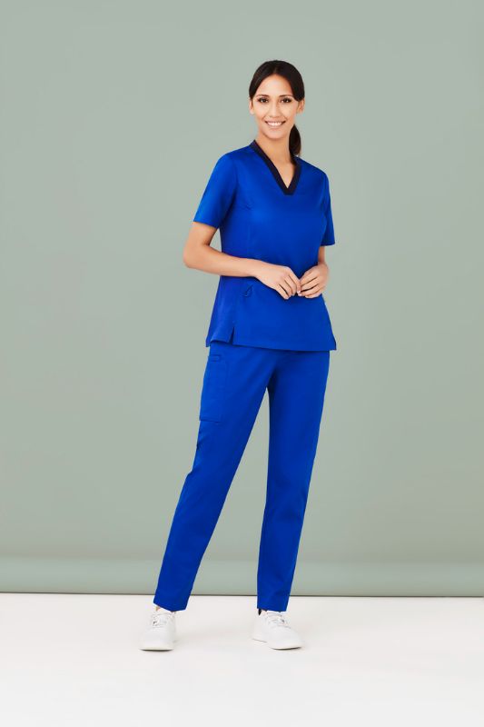 Electric Blue women's scrub pants with a Navy waistband, providing comfort and functionality for healthcare professionals.