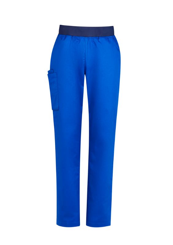 Women's Electric Blue scrub pants with a navy knit waistband, designed for comfort and professionalism in healthcare settings.