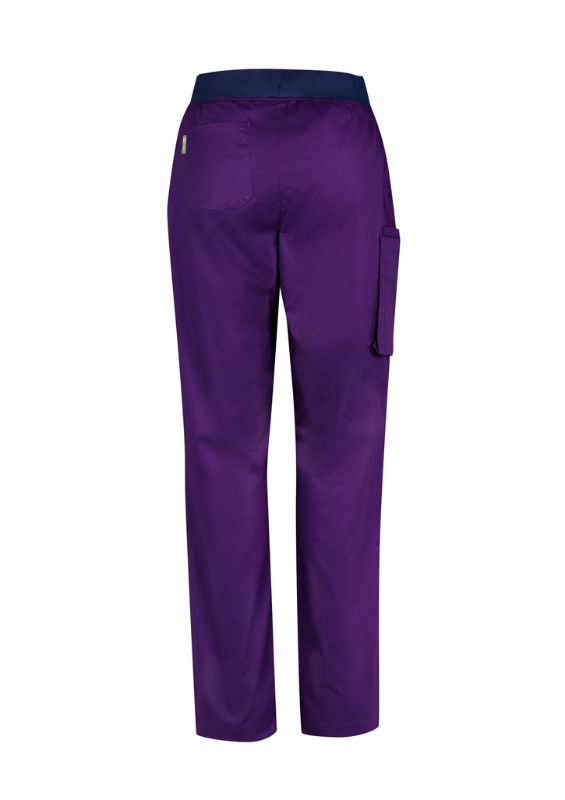 Women's purple Riley straight leg scrub pants in XXS, featuring a soft cotton blend, navy waistband, and customizable comfort.