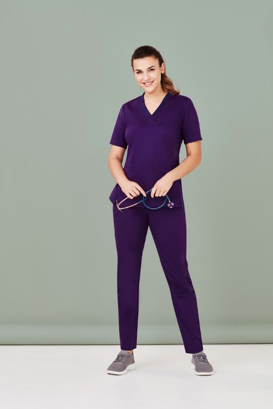 Purple Women's Riley Straight Leg Scrub Pants in XXS, featuring a soft cotton blend, drawstring waist, and antibacterial treatment.