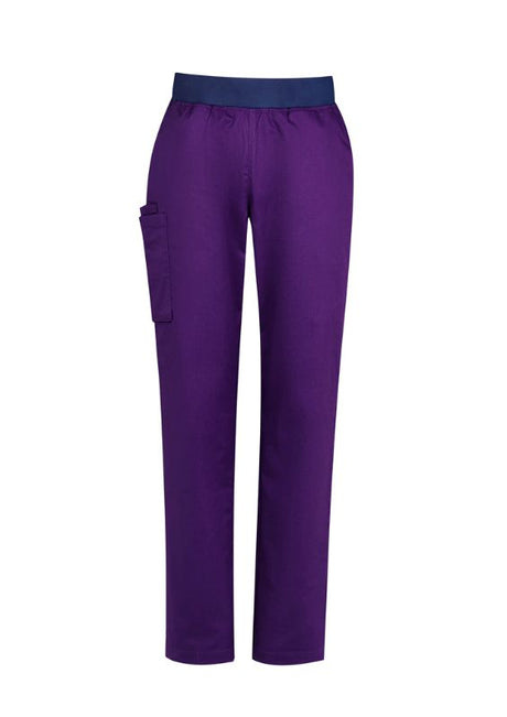 Women's Riley Straight Leg Scrub Pant in vibrant purple, size XXS, featuring a navy knit waistband and durable, soft fabric blend.