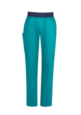 Women's teal Riley straight leg scrub pants (XXS) with a navy knit waistband, designed for comfort and functionality.