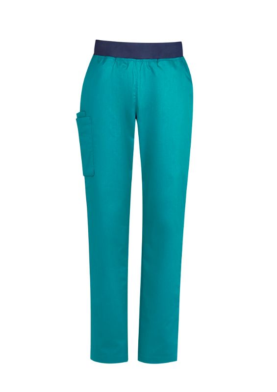 Teal women's straight leg scrub pants with a navy drawstring waistband, offering comfort and style for healthcare professionals.