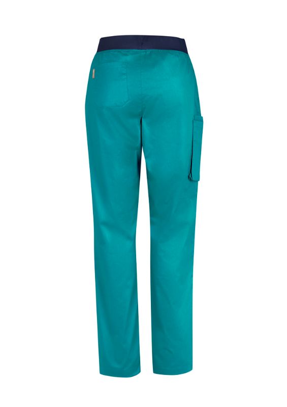 Teal women's scrub pants with straight legs, navy waistband, and secure drawstring for comfort and style in size XXS.