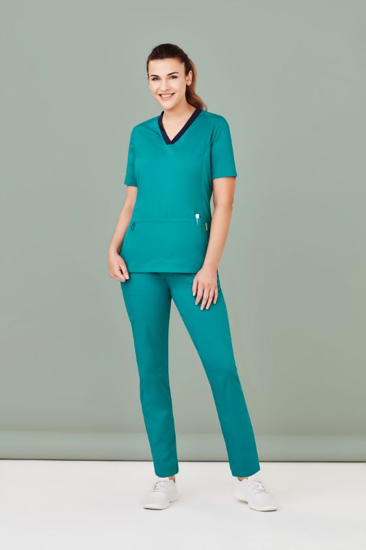 Teal women's scrub pants with navy knit waistband, customizable fit, antibacterial treatment, size XXS by Biz Collection.