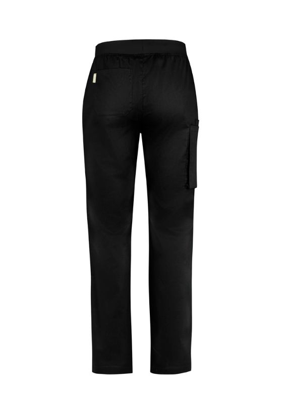 Men's Riley Straight Scrub Pant in Black, featuring a breathable fabric, navy waistband, and secure drawstring for comfort and style.