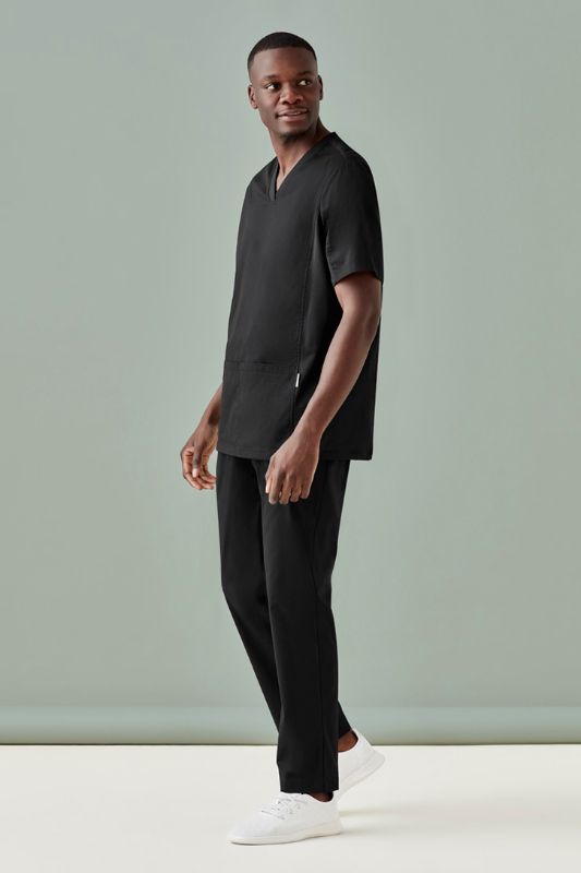 Men's black Riley straight scrub pants with a navy knit waistband, designed for comfort and style in medical settings.