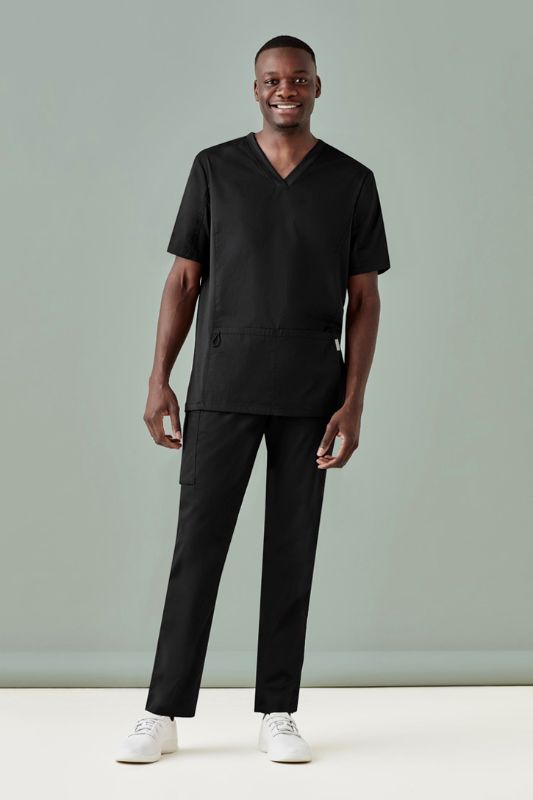 Comfortable Men's Riley Straight Scrub Pant in Black, with a Navy knit waistband, perfect for healthcare professionals in size 3XL.