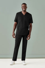 Men's Riley Straight Scrub Pant in Black, XL, featuring a comfortable navy knit waistband and durable cotton-rich fabric.