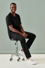 Men's Riley Straight Scrub Pant in Black (Small) featuring a navy waistband, elastic drawstring, and breathable cotton-rich fabric.