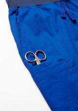 Men's Electric Blue Riley Straight Scrub Pant with navy waistband, designed for comfort and style in medical workwear.