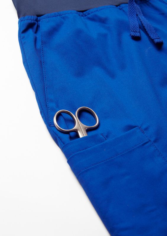 Men's electric blue scrub pants with a comfortable knit waistband and drawstring, ideal for healthcare professionals.