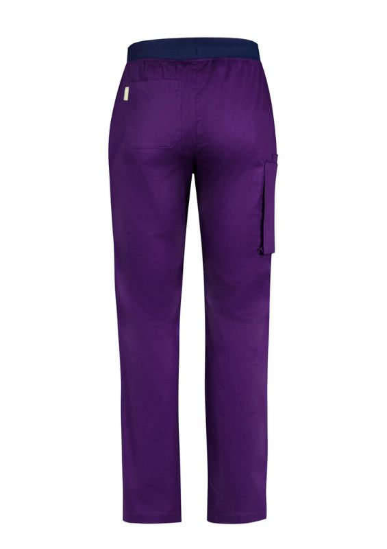 Men's Purple Riley Straight Scrub Pant featuring a Navy knit waistband and adjustable drawstring for comfort and durability.