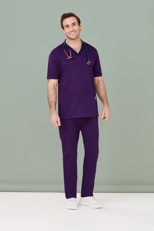 Men's purple Riley straight scrub pant with navy knit waistband and adjustable drawstring for comfort and flexibility.