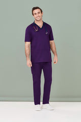 Mens Riley Straight Scrub Pant in vibrant Purple, XL size, featuring a comfortable Navy knit waistband with drawstring.