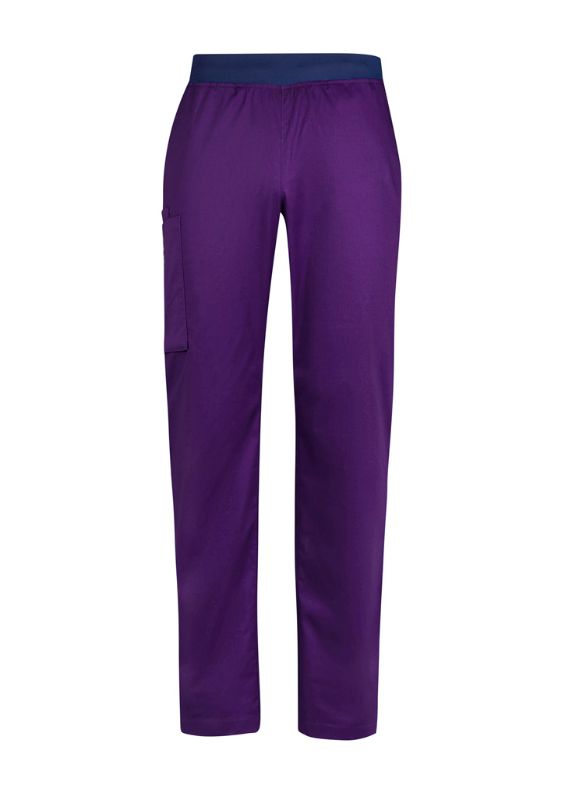 Men's purple Riley straight scrub pants with navy waistband and adjustable drawstring for comfort and style in professional settings.