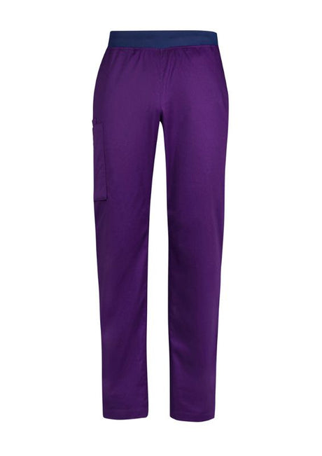 Men's purple Riley Straight Scrub Pant with navy knit waistband, designed for comfort and functionality in healthcare settings.