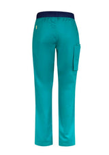 Men's teal Riley straight scrub pants with navy knit waistband, drawstring, and antibacterial treatment for healthcare professionals.