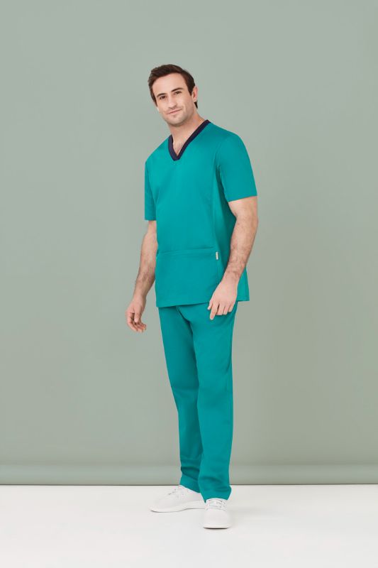 Men's teal scrub pants in XS with breathable cotton blend, navy knit waistband, and secure drawstring for comfort and functionality.