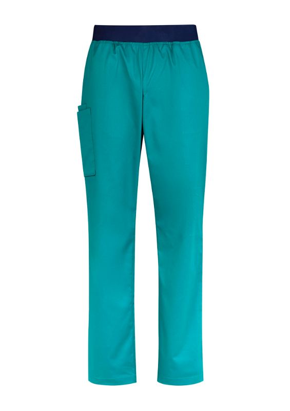 Men's teal Riley straight scrub pants with navy knit waistband and antibacterial fabric, ideal for healthcare professionals.