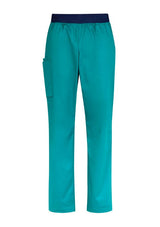 Teal men's scrub pants with a navy knit waistband and secure drawstring, designed for comfort and style in healthcare settings.