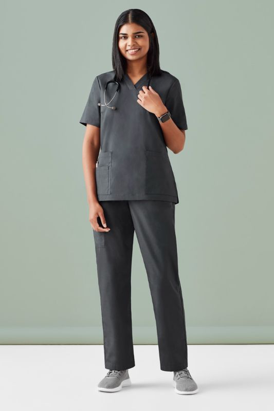 Charcoal Women's Tokyo Scrub Pant in XXS, featuring a drawstring, tapered leg, and multiple cargo pockets for healthcare professionals.