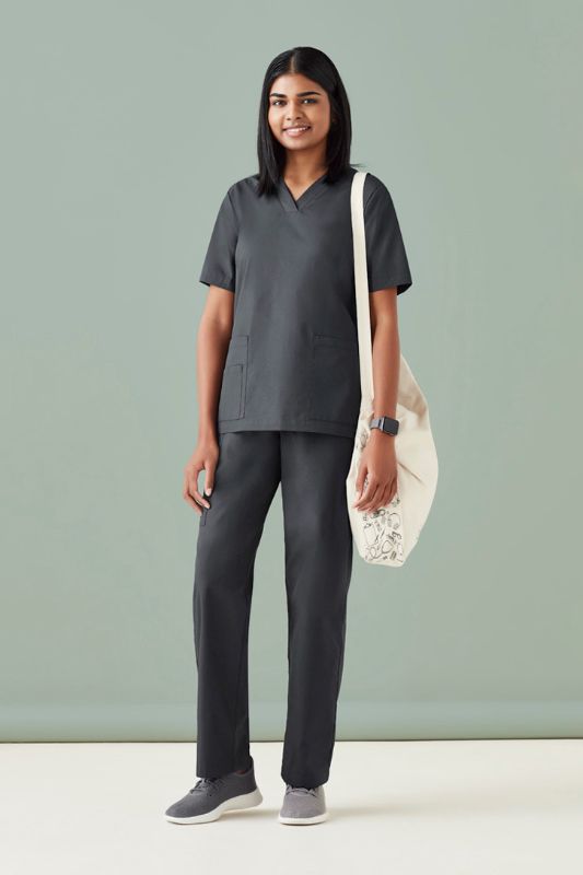 Women's charcoal Tokyo scrub pants in XXS, featuring antibacterial fabric, elastic waistband, and cargo pockets for convenience.