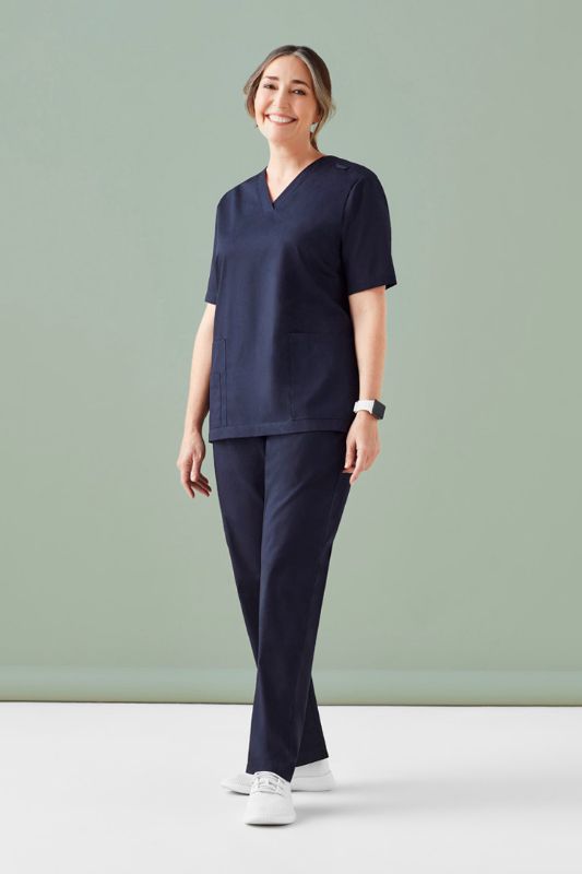 Navy women's scrub pants in size 2XL, featuring cargo pockets, elastic waistband, and antibacterial fabric for healthcare professionals.