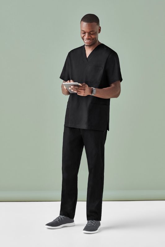 Mens Tokyo Scrub Pant in black (3XL) features tapered legs, elastic waist, cargo pockets, and antibacterial fabric for comfort and durability.