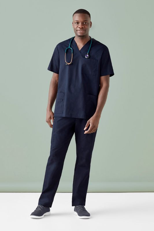 Men's Tokyo Scrub Pant in Midnight Navy; stylish, tapered fit with cargo pockets, elastic waistband, and antibacterial fabric.