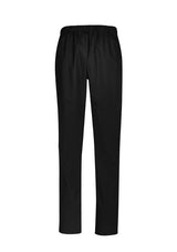 Unisex reversible black scrub pants (XXS) with chest and back pockets, ideal for healthcare professionals and industrial laundering.