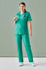 Unisex reversible scrub pants in Surgical Green with pockets, designed for comfort and industrial laundry suitability.