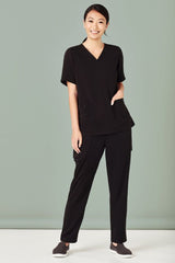 Women's black slim leg scrub pants with multiple pockets, tapered design, made from breathable stretch fabric, size S.