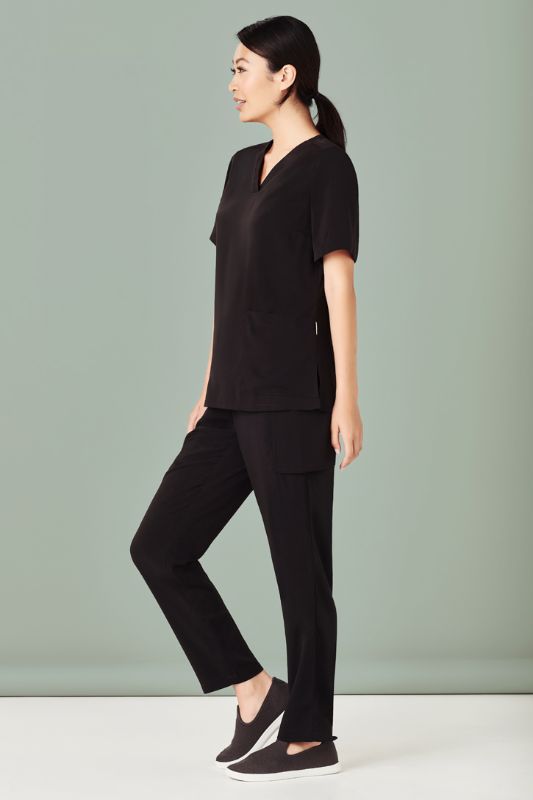 Womens black Avery scrub pants in size XXS, featuring a tapered leg, multiple pockets, and moisture-wicking fabric.