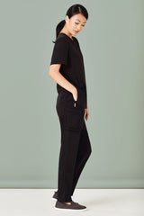 Women's black Avery slim leg scrub pants in size S, featuring tapered legs and multiple pockets for healthcare professionals.