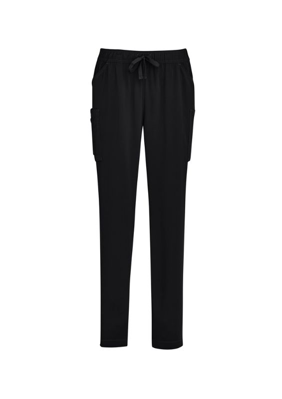 Women's black scrub pants with a slim leg, multiple pockets, and moisture-wicking fabric for healthcare professionals.