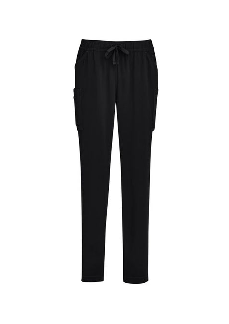 Women's black scrub pants with tapered leg, multiple pockets, and moisture-wicking fabric, size L, by Biz Collection.