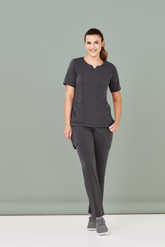 Charcoal slim leg scrub pants for women, featuring multiple pockets and a tapered fit for healthcare professionals in size XXS.