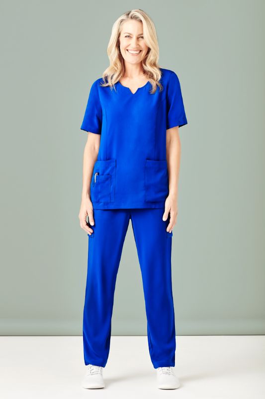 Electric blue women's scrub pants with tapered legs and multiple pockets, designed for comfort and functionality in healthcare.