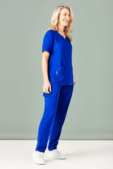 Women's Electric Blue Avery Slim Leg Scrub Pants in XXS, featuring tapered fit, multi pockets, and moisture-wicking fabric.