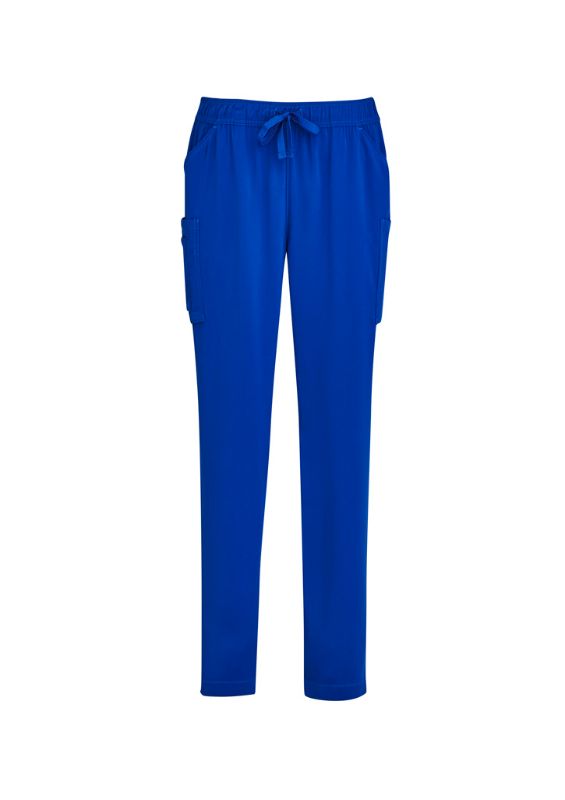 Women's electric blue slim leg scrub pants with multiple pockets, designed for comfort and functionality in healthcare settings.