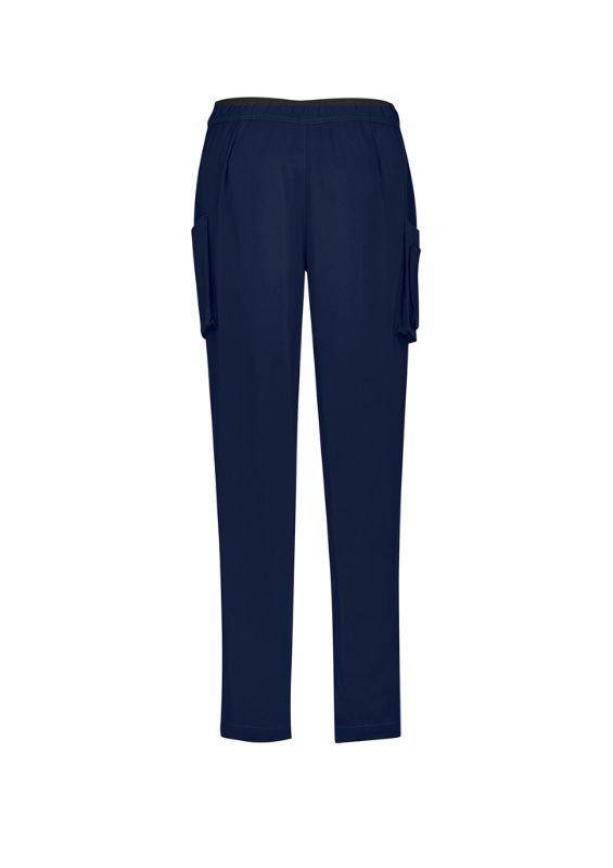 Women's navy scrub pants in size XXS with tapered leg design and multiple cargo pockets for healthcare professionals.