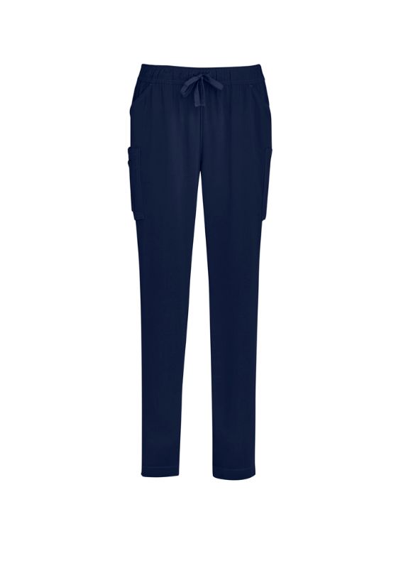 Women's navy slim leg scrub pants with multiple pockets, tapered design, and moisture-wicking fabric, size XXS.