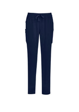 Navy slim leg scrub pants for women, featuring multiple pockets and a wicking finish, perfect for healthcare professionals.