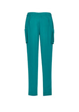 Teal women's scrub pants with tapered leg, multi pockets, and moisture-wicking fabric; size XXS from Biz Collection.