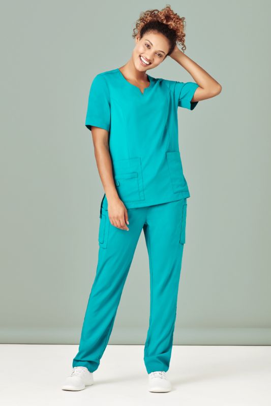 Teal Women's Avery Slim Leg Scrub Pant (XXS) with multiple pockets, moisture-wicking fabric, and tapered fit for healthcare professionals.