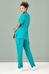 Teal women's scrub pant in size XXS with tapered leg, multiple pockets, and moisture-wicking fabric for comfort and style.